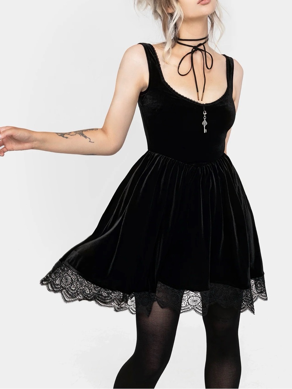 Disturbia Black Velvet Lace-Trim Mini Dress - Picture 3 of 3